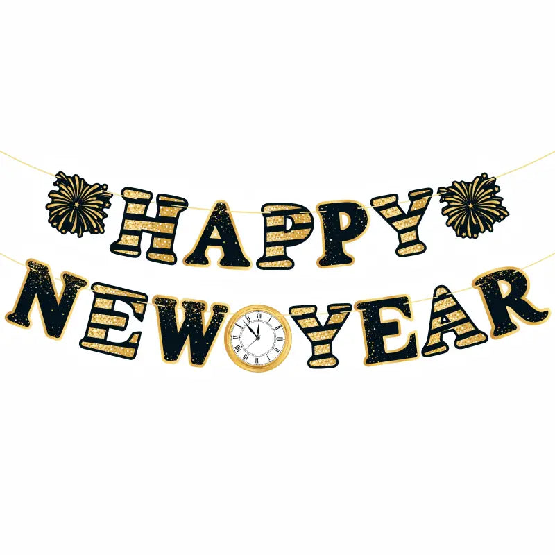 2027 Happy New Year Bunting Banner Set – Black & Gold Hanging Garland Decorations for NYE Party, Photo Booth Backdrop & Home Celebration