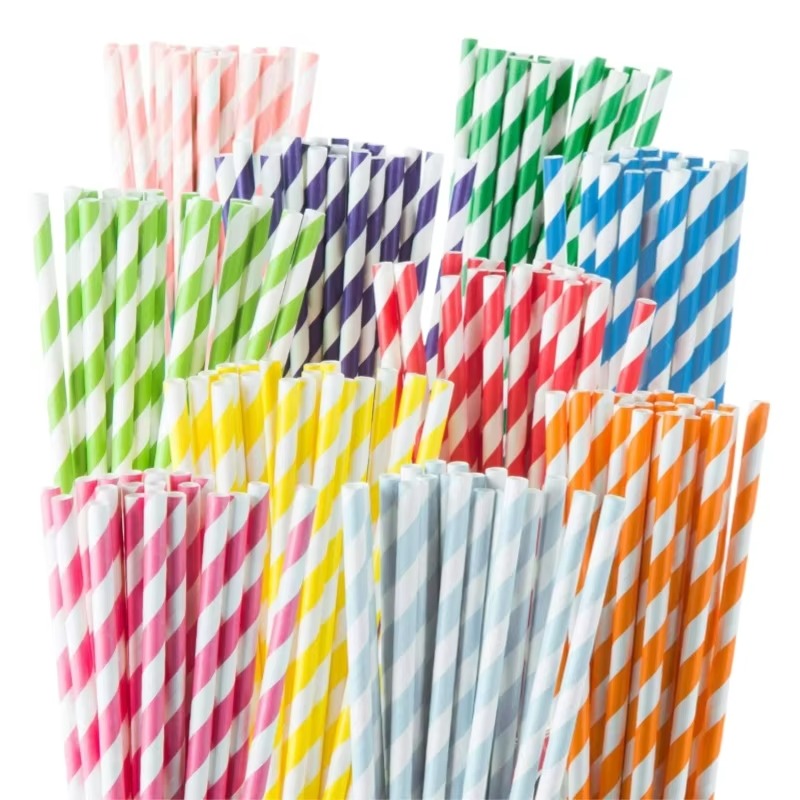 Colored Stripe Paper Straws 197*6mm - Biodegradable, Thickened for Bubble Tea & Coffee