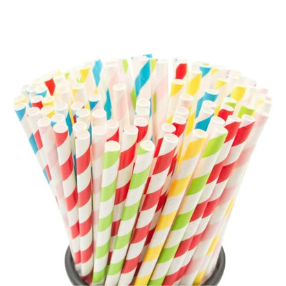 Colored Stripe Paper Straws 197*6mm - Biodegradable, Thickened for Bubble Tea & Coffee