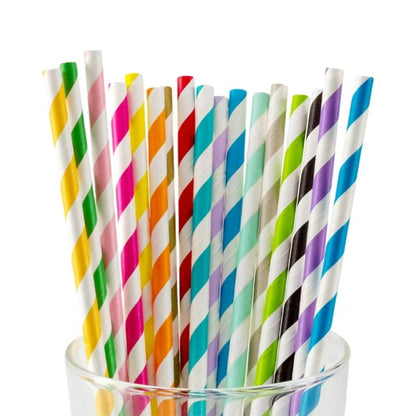 Colored Stripe Paper Straws 197*6mm - Biodegradable, Thickened for Bubble Tea & Coffee