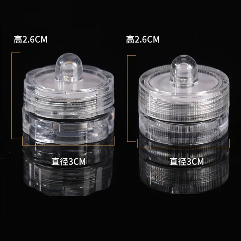 Submersible waterproof LED tea light dimensions showing 3cm diameter and 2.6cm height