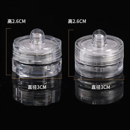 Submersible waterproof LED tea light dimensions showing 3cm diameter and 2.6cm height