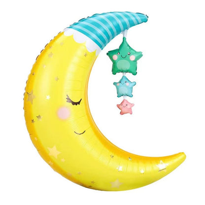 Cartoon foil balloon yellow crescent moon with stars