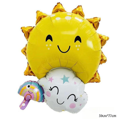 Cartoon foil balloon smiling sun hugging fluffy cloud