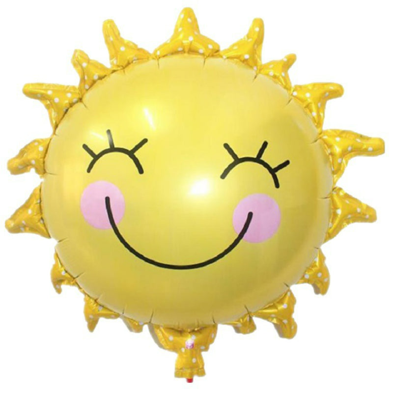 Cartoon foil balloon smiling golden sun with rays