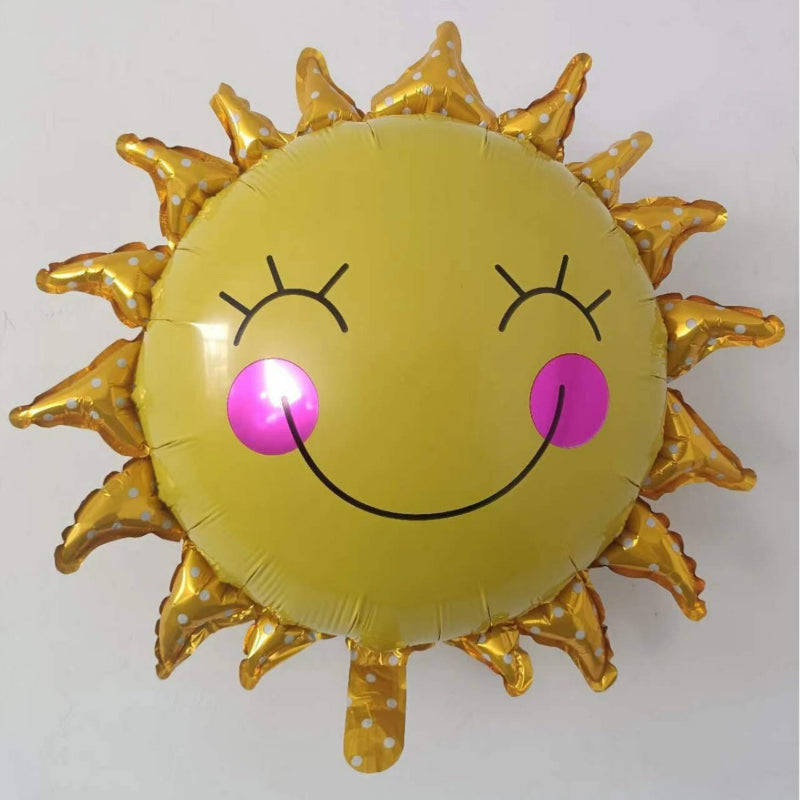 Cartoon foil balloon spiked ray golden smiling sun
