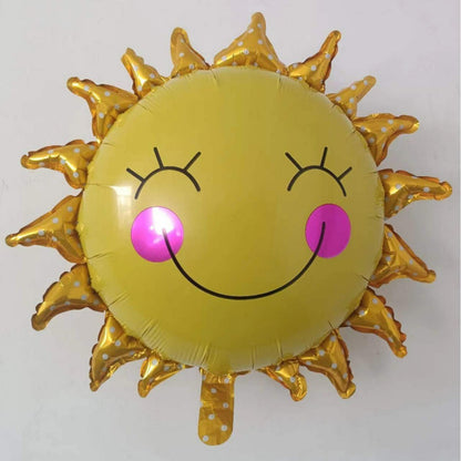 Cartoon foil balloon spiked ray golden smiling sun