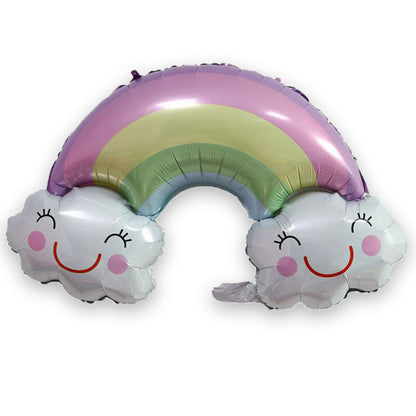 Cartoon foil balloon pastel rainbow with smiling clouds