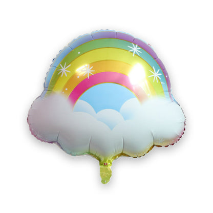 Cartoon foil balloon colorful arched rainbow over clouds