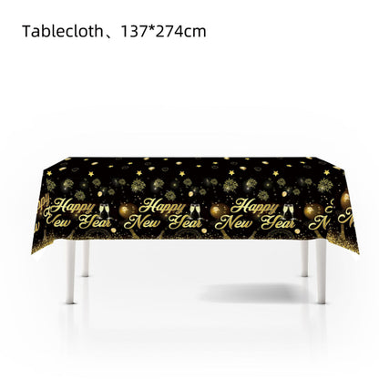 2027 Black Gold Happy New Year Party Set, Banner, Paper Plates, Paper Cups, Tablecloth & Disposable Tableware