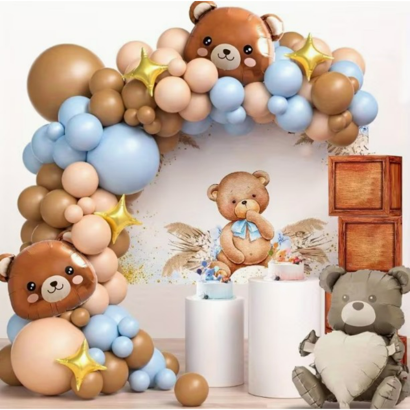 Teddy bear balloon garland kit pastel blue brown arch