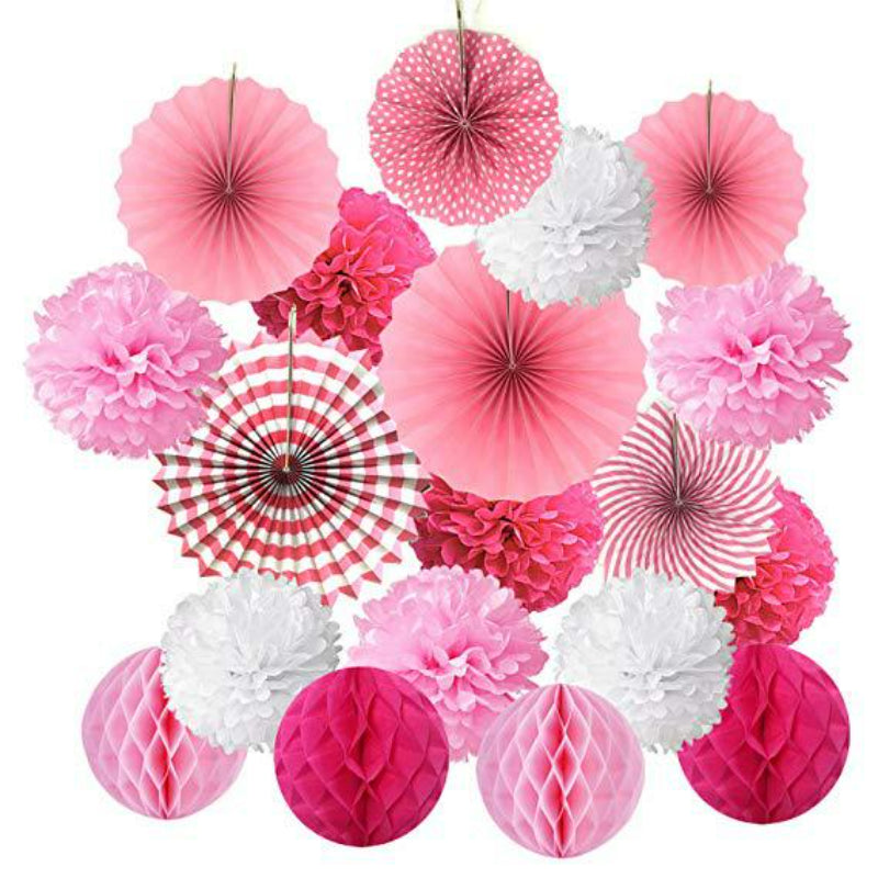 Paper fan honeycomb kit pink and white pom-poms assortment