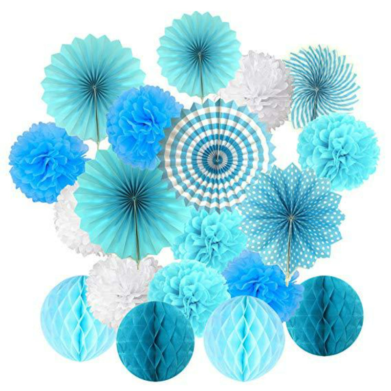Paper fan honeycomb kit blue pleated rosettes and spheres