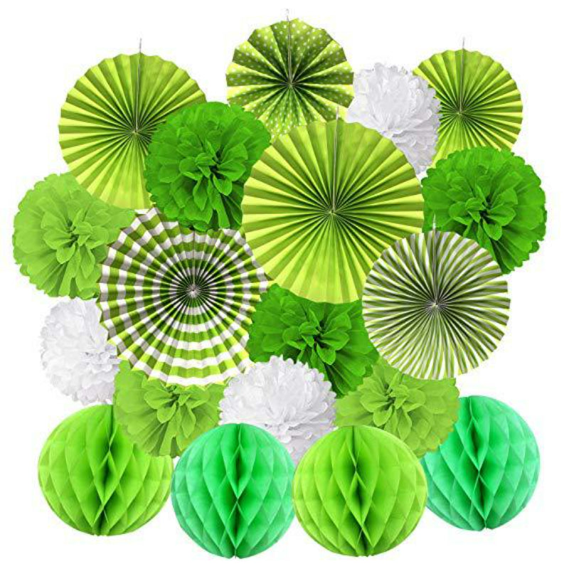 Paper fan honeycomb kit green themed rosettes and pom-poms