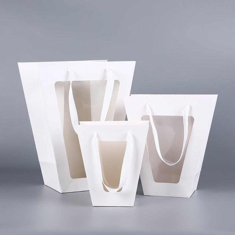 Trapezoid flower bag white tiered trio with ribbon handles