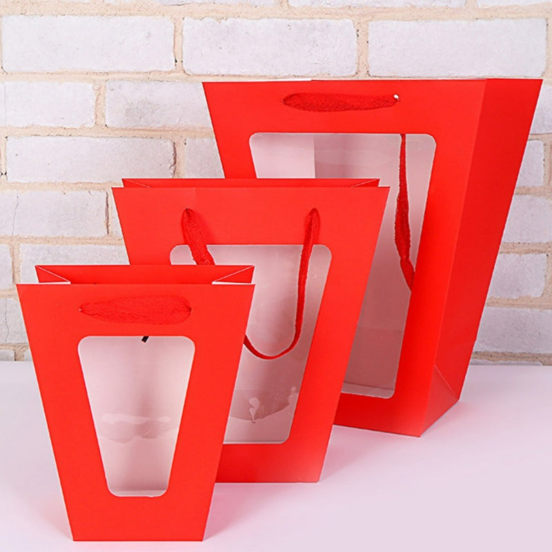 Trapezoid flower bag bright red tiered trio with window