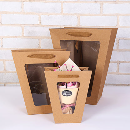 Trapezoid flower bag brown kraft trio with cutout handles