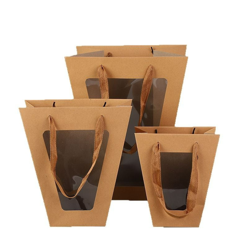 Trapezoid flower bag natural kraft tiered trio with window
