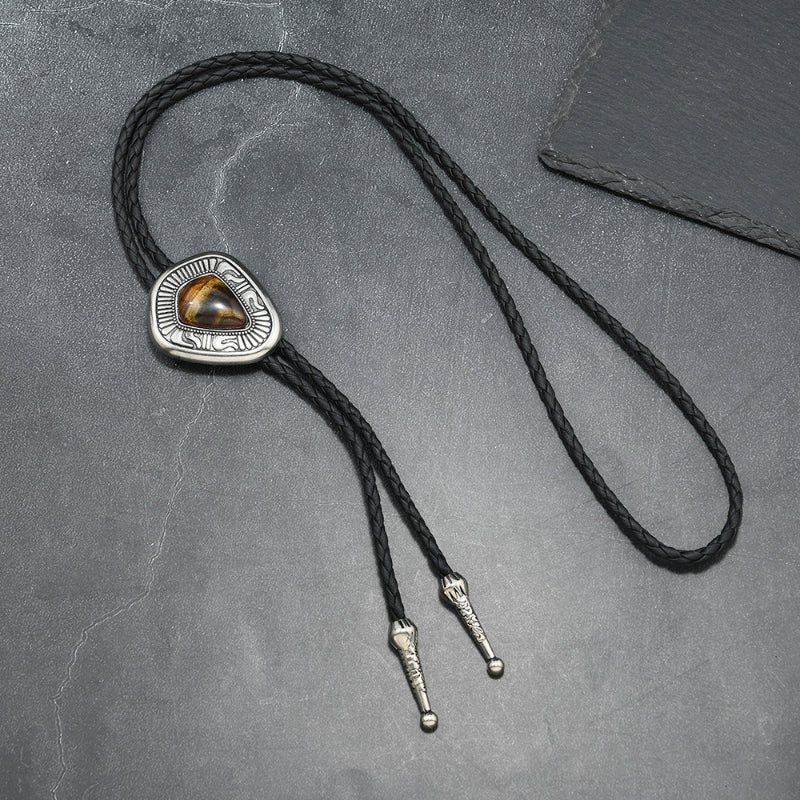 Western bolo tie shield pendant with tiger eye stone