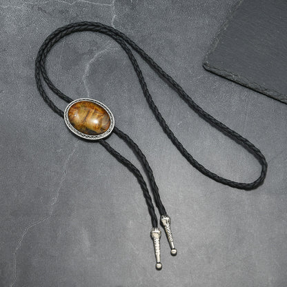 Western bolo tie oval silver pendant with tiger eye stone