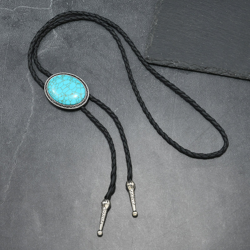 Western bolo tie oval silver pendant with turquoise stone