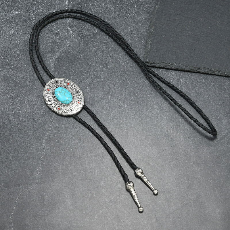 Western bolo tie ornate engraved silver pendant with turquoise stone
