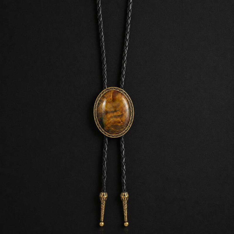 Western bolo tie antique bronze oval pendant with tiger eye stone