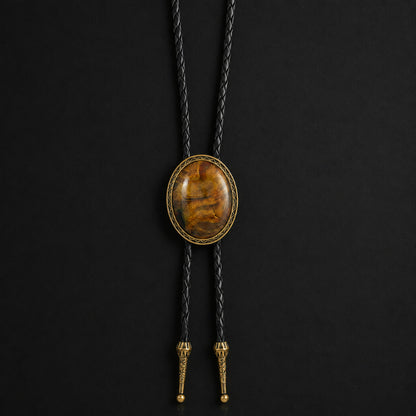 Western bolo tie antique bronze oval pendant with tiger eye stone