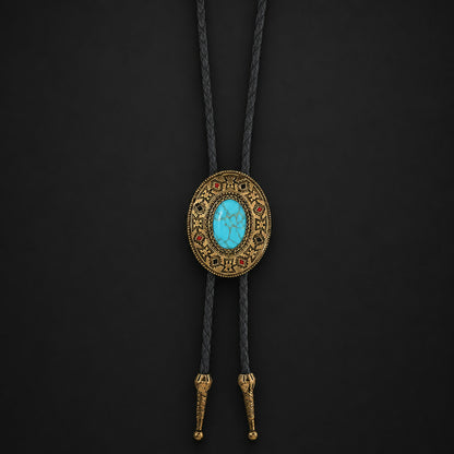Western bolo tie antique bronze ornate pendant with turquoise stone