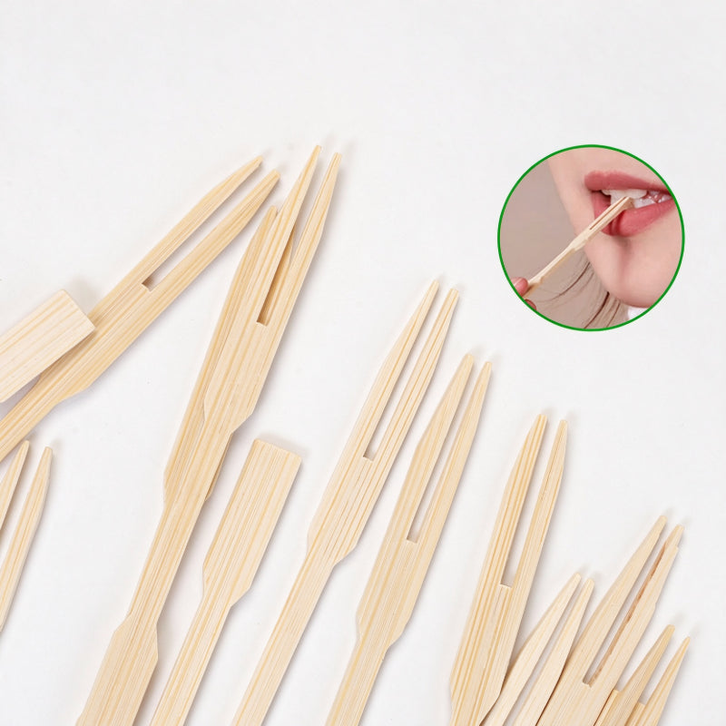 Bamboo fruit pick fanned cluster dual prong sharpened tines