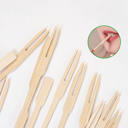 Bamboo fruit pick fanned cluster dual prong sharpened tines