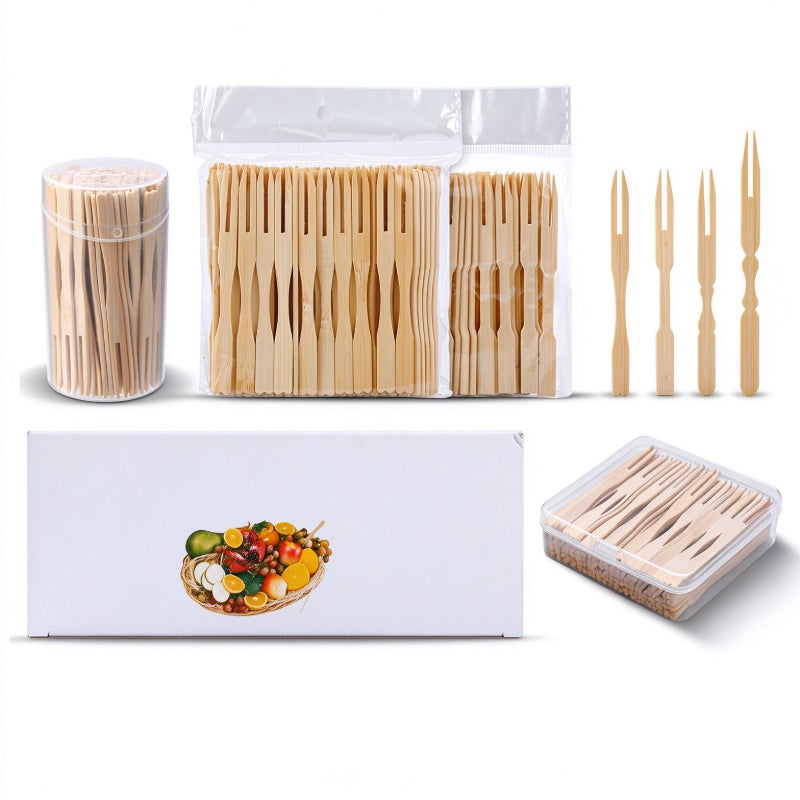 Bamboo fruit pick assorted canisters pouches and box lineup