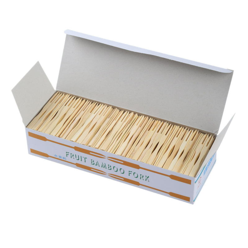 Bamboo fruit pick open bulk carton showing aligned forks