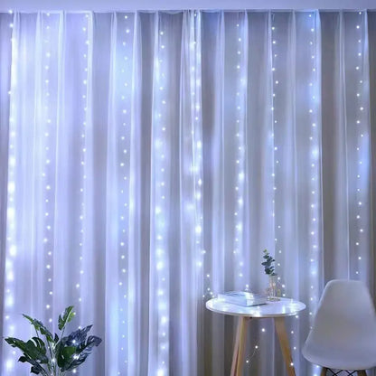 LED curtain lights cool white hanging waterfall drop view