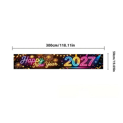 Pre-Lit 2027 NYE Photo Backdrop Banner – Long Fabric Bunting with Integrated Lights, Perfect Fence & Wall Decoration for New Year‘s Eve
