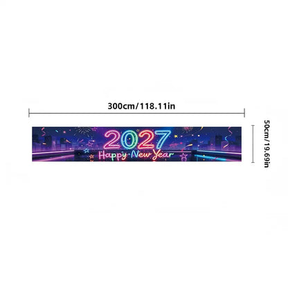Pre-Lit 2027 NYE Photo Backdrop Banner – Long Fabric Bunting with Integrated Lights, Perfect Fence & Wall Decoration for New Year‘s Eve