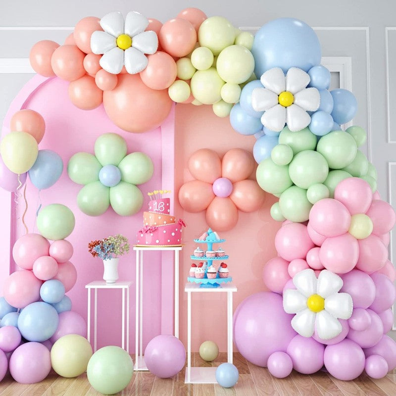 Macaron Balloon Garland Kit with Daisy Flowers – Pastel Latex Balloons & Donut Popsicle Themed Decor for Birthday, Wedding, Bridal Shower & Party Arch