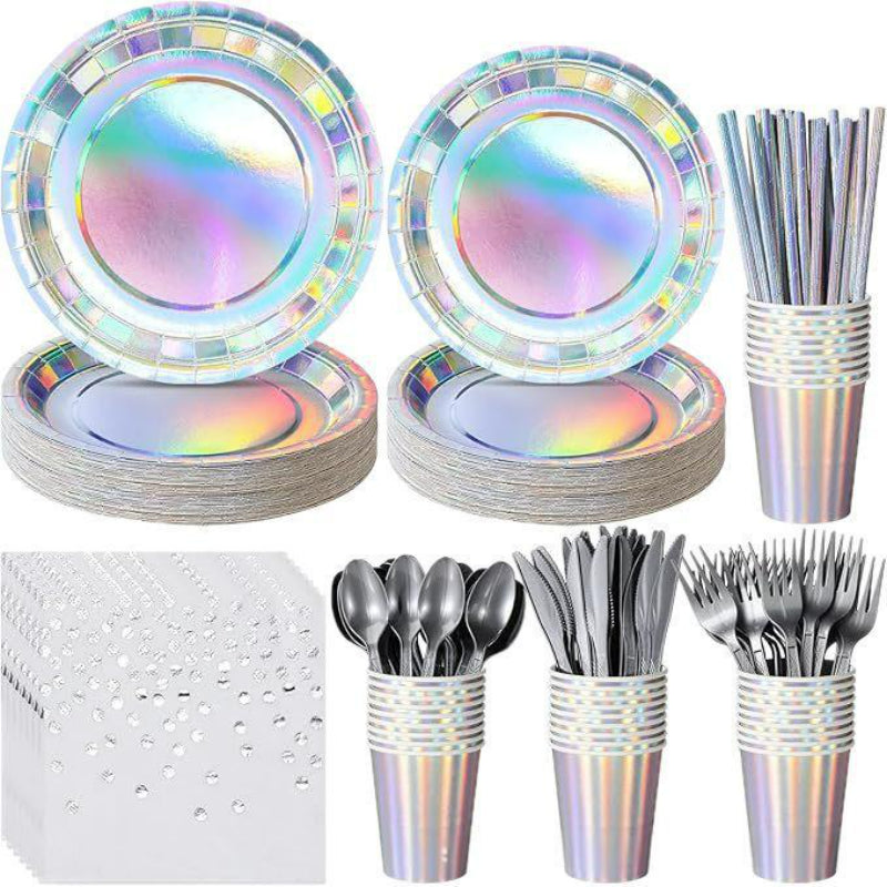 Iridescent Holographic Party Tableware Set – Disposable Rainbow Plates, Cups & Napkins for Birthday, Wedding & Baby Shower Decor