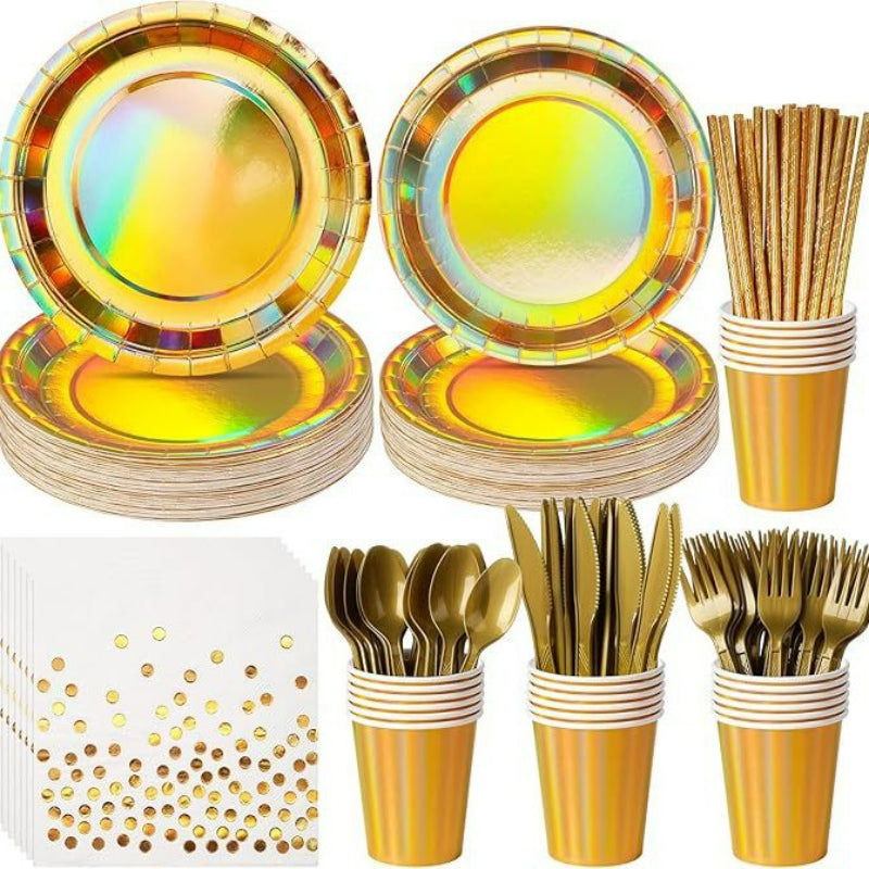 Iridescent Holographic Party Tableware Set – Disposable Rainbow Plates, Cups & Napkins for Birthday, Wedding & Baby Shower Decor