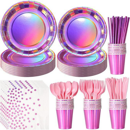 Iridescent Holographic Party Tableware Set – Disposable Rainbow Plates, Cups & Napkins for Birthday, Wedding & Baby Shower Decor