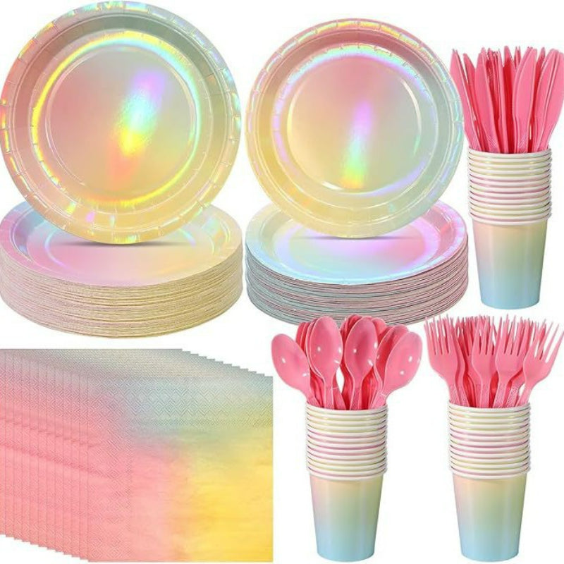 Iridescent Holographic Party Tableware Set – Disposable Rainbow Plates, Cups & Napkins for Birthday, Wedding & Baby Shower Decor