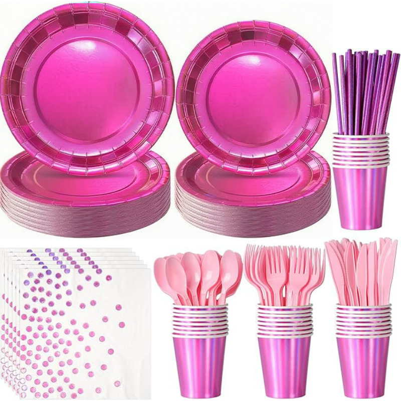 Iridescent Holographic Party Tableware Set – Disposable Rainbow Plates, Cups & Napkins for Birthday, Wedding & Baby Shower Decor