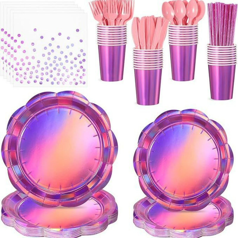 Iridescent Holographic Party Tableware Set – Disposable Rainbow Plates, Cups & Napkins for Birthday, Wedding & Baby Shower Decor