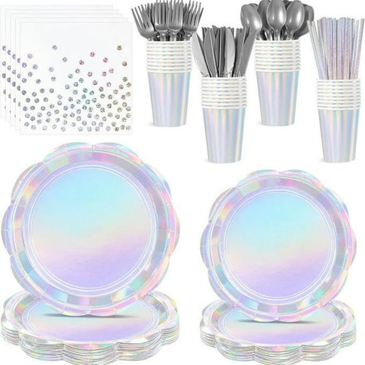 Iridescent Holographic Party Tableware Set – Disposable Rainbow Plates, Cups & Napkins for Birthday, Wedding & Baby Shower Decor