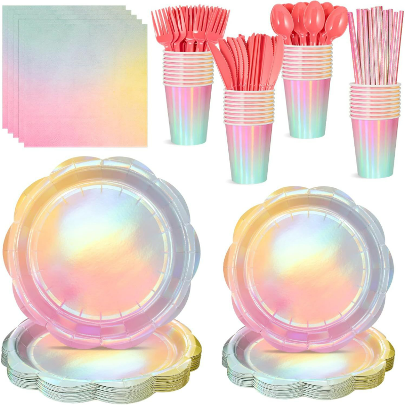 Iridescent Holographic Party Tableware Set – Disposable Rainbow Plates, Cups & Napkins for Birthday, Wedding & Baby Shower Decor