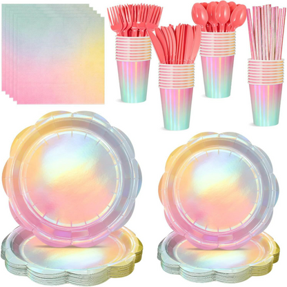 Iridescent Holographic Party Tableware Set – Disposable Rainbow Plates, Cups & Napkins for Birthday, Wedding & Baby Shower Decor