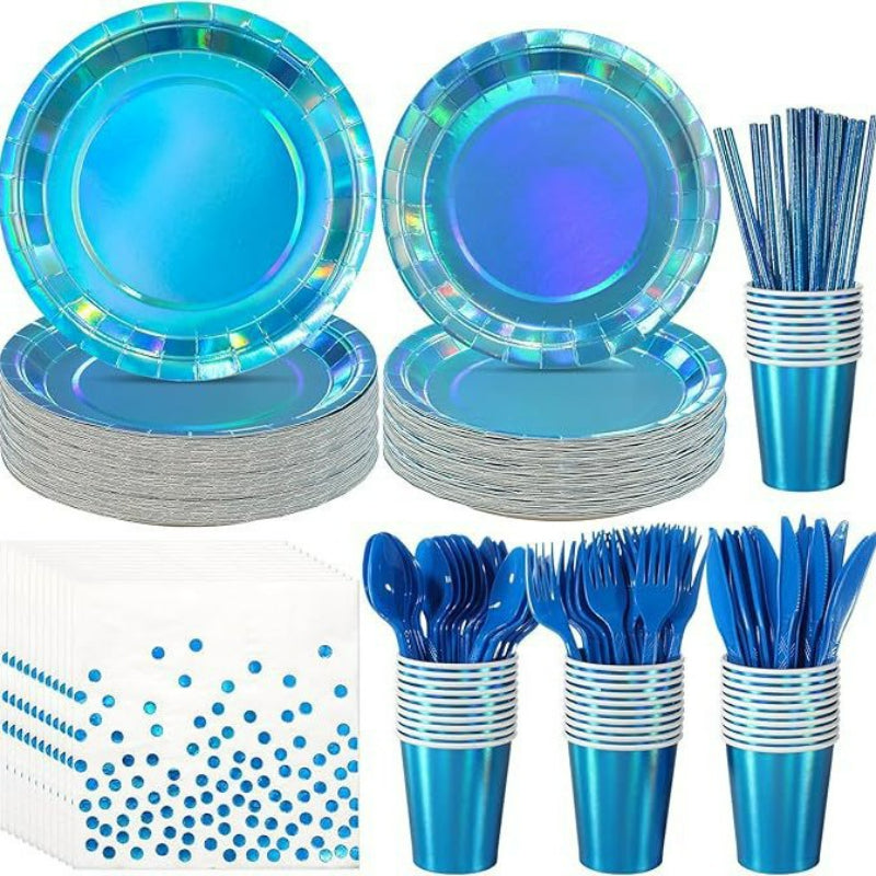 Iridescent Holographic Party Tableware Set – Disposable Rainbow Plates, Cups & Napkins for Birthday, Wedding & Baby Shower Decor
