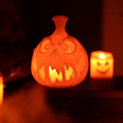 Creative LED Pumpkin Candle – Flameless Glowing Pumpkin & Ghost Prop, Flickering Electronic Candle for Halloween Tabletop, Mantel & Window Display