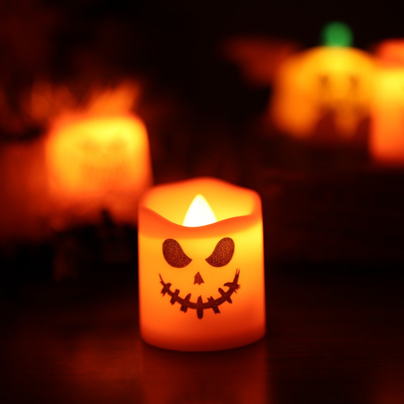 Creative LED Pumpkin Candle – Flameless Glowing Pumpkin & Ghost Prop, Flickering Electronic Candle for Halloween Tabletop, Mantel & Window Display