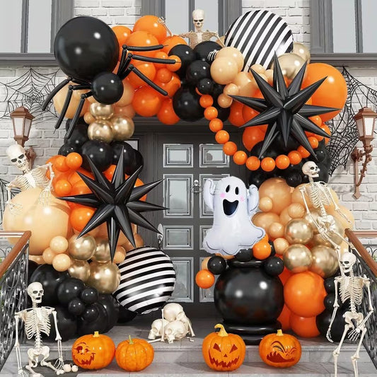 Halloween Ghost Bat Skeleton Balloon Garland Kit – Black Pink Purple & Black Orange Arch Set with Foil Fringe, Haunted House Party Decor Supplies